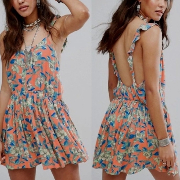 Free People OB574950 Orange Dear You Backless Mini Dress w/Pockets Sz Large - Picture 2 of 11